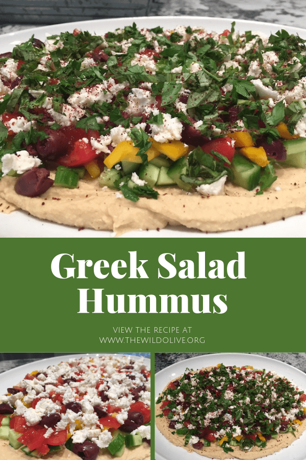 Pinnable image for Greek Salad Hummus - a healthy light entree or appetizer