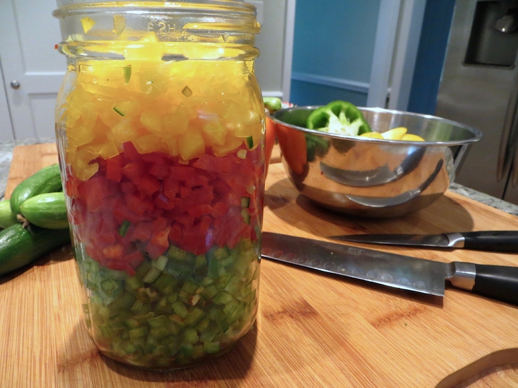 finely diced peppers measured in a mason jar