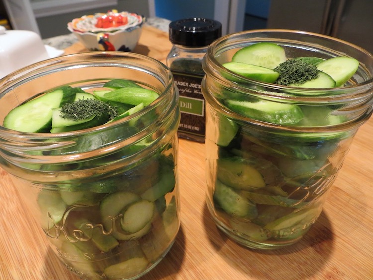 SLice cukes and dill in jars for dill pickle chips