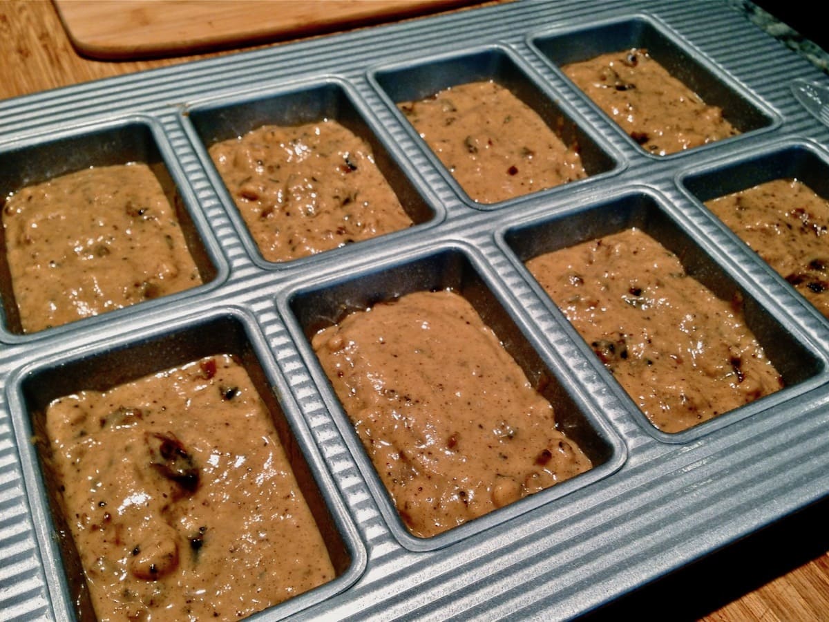 Date Nut Bread batter in a USA Pan mini loaf pan